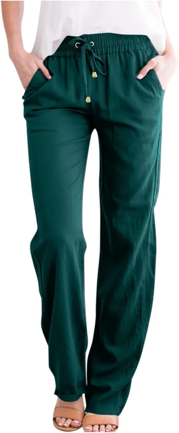 Gumipy Womens Casual Linen Pants Drawstring High Waisted Straight Leg Trousers Pants Trendy Loose Lounge Pants with Pockets