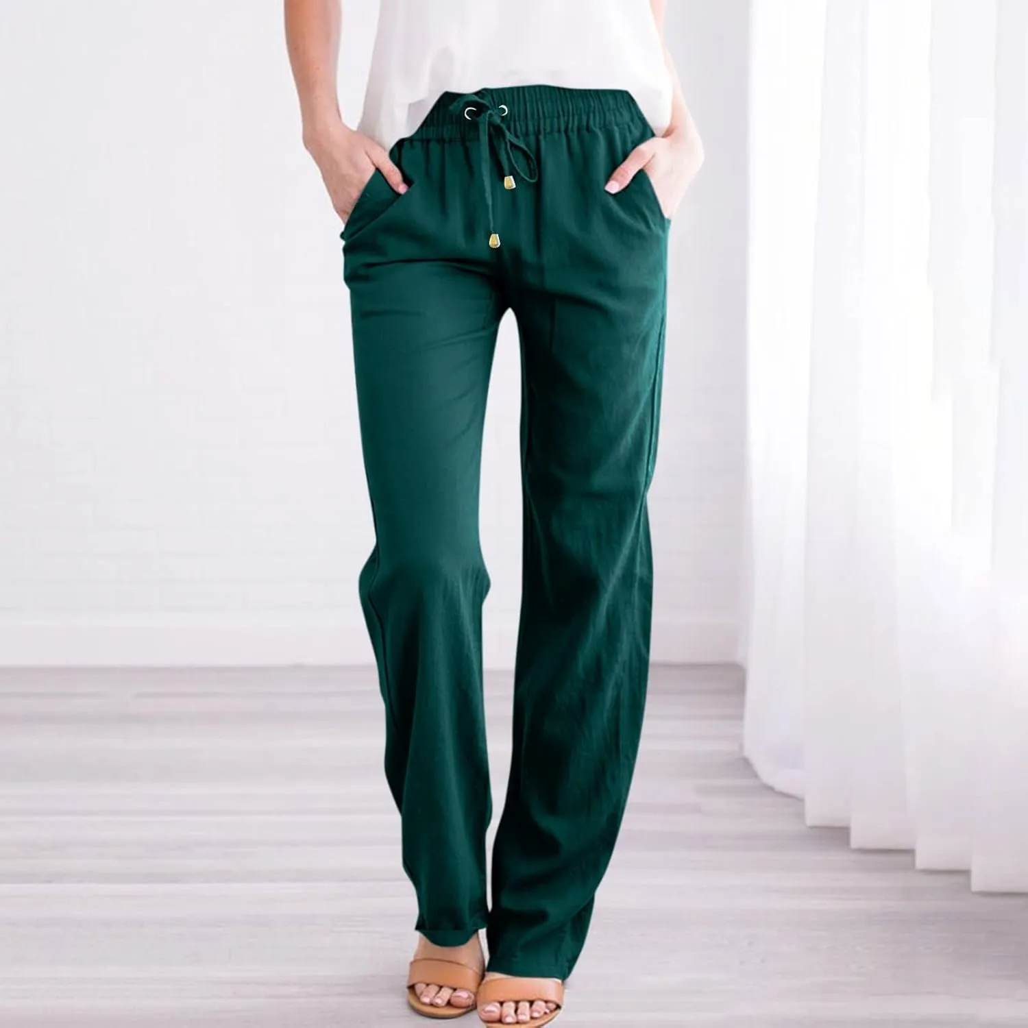 Gumipy Womens Casual Linen Pants Drawstring High Waisted Straight Leg Trousers Pants Trendy Loose Lounge Pants with Pockets
