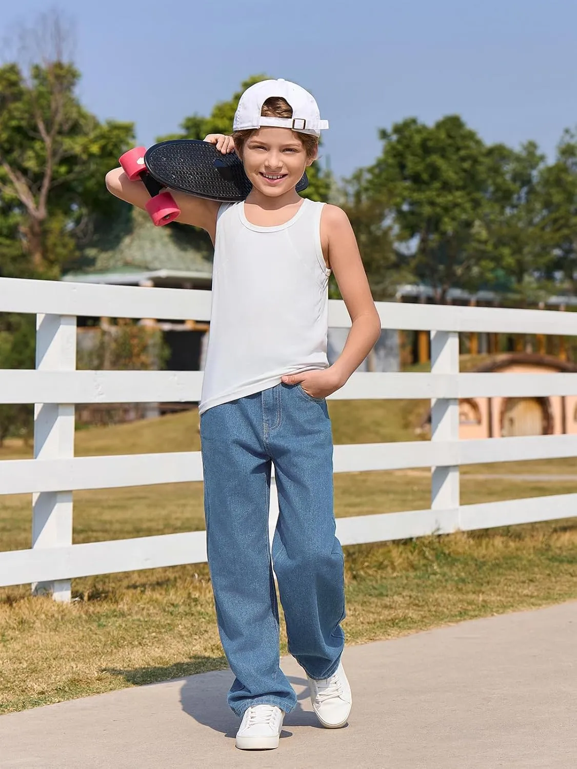 Haloumoning Boys Baggy Jeans Kids Casual Straight Leg Loose Fit Denim Pants with Pockets 5-14 Years