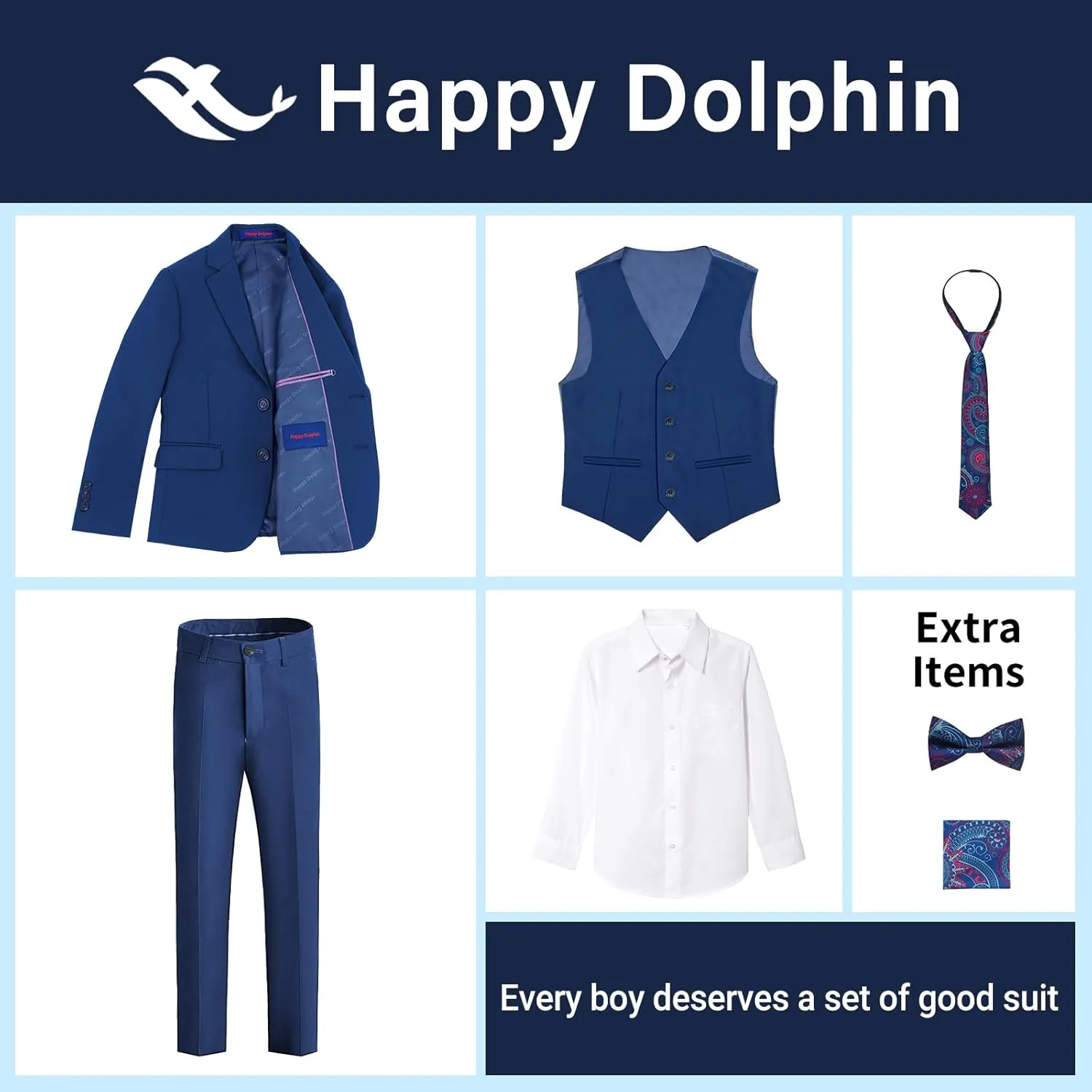 Happy Dolphin Boys Suit Set Modern Fit Kids Suits Adjustable Waist Boys Wedding Outfit for Boy Communion Suits for Boys
