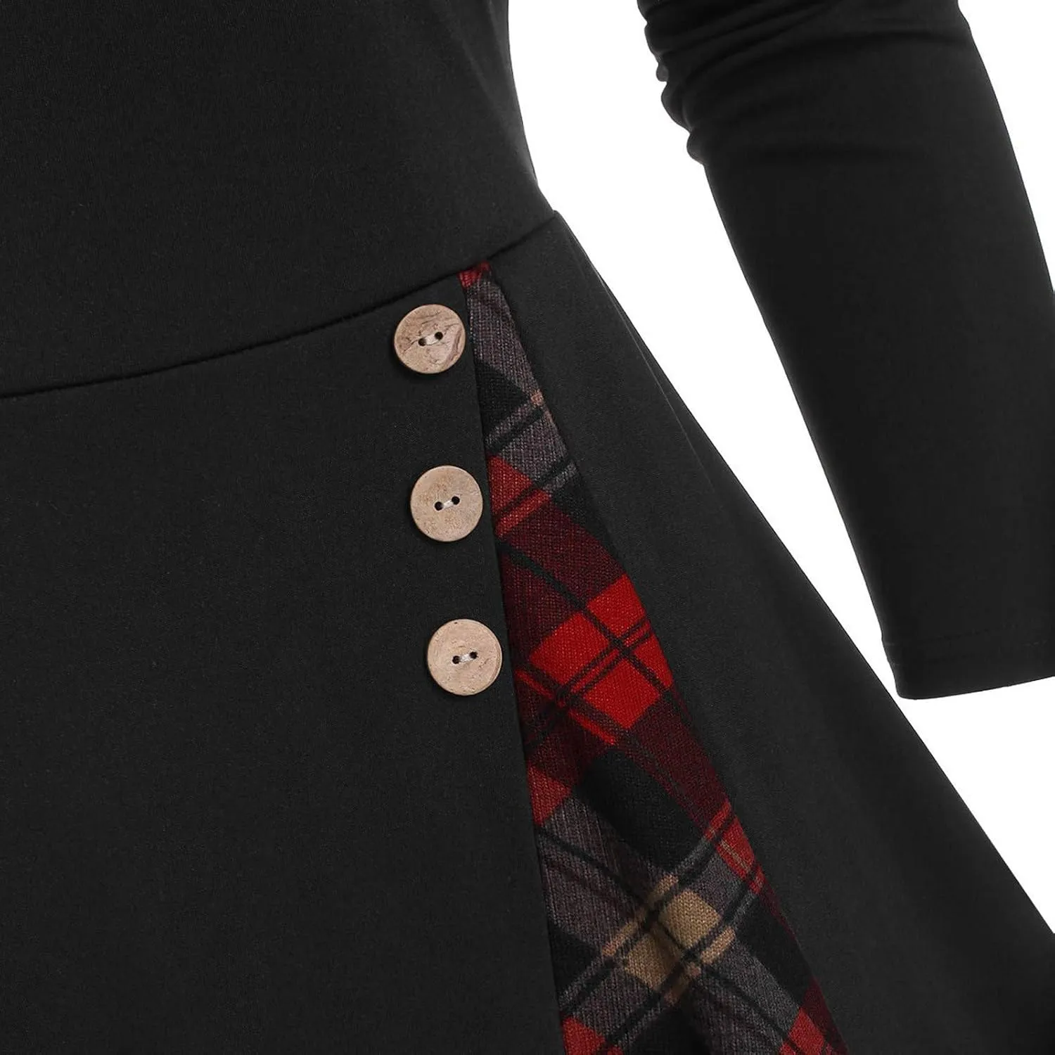 HGOOGY Graduation Dress for Women Retro Women Plus Size Plaid Insert Mock Button Long Sleeve Dress High Neck Midi