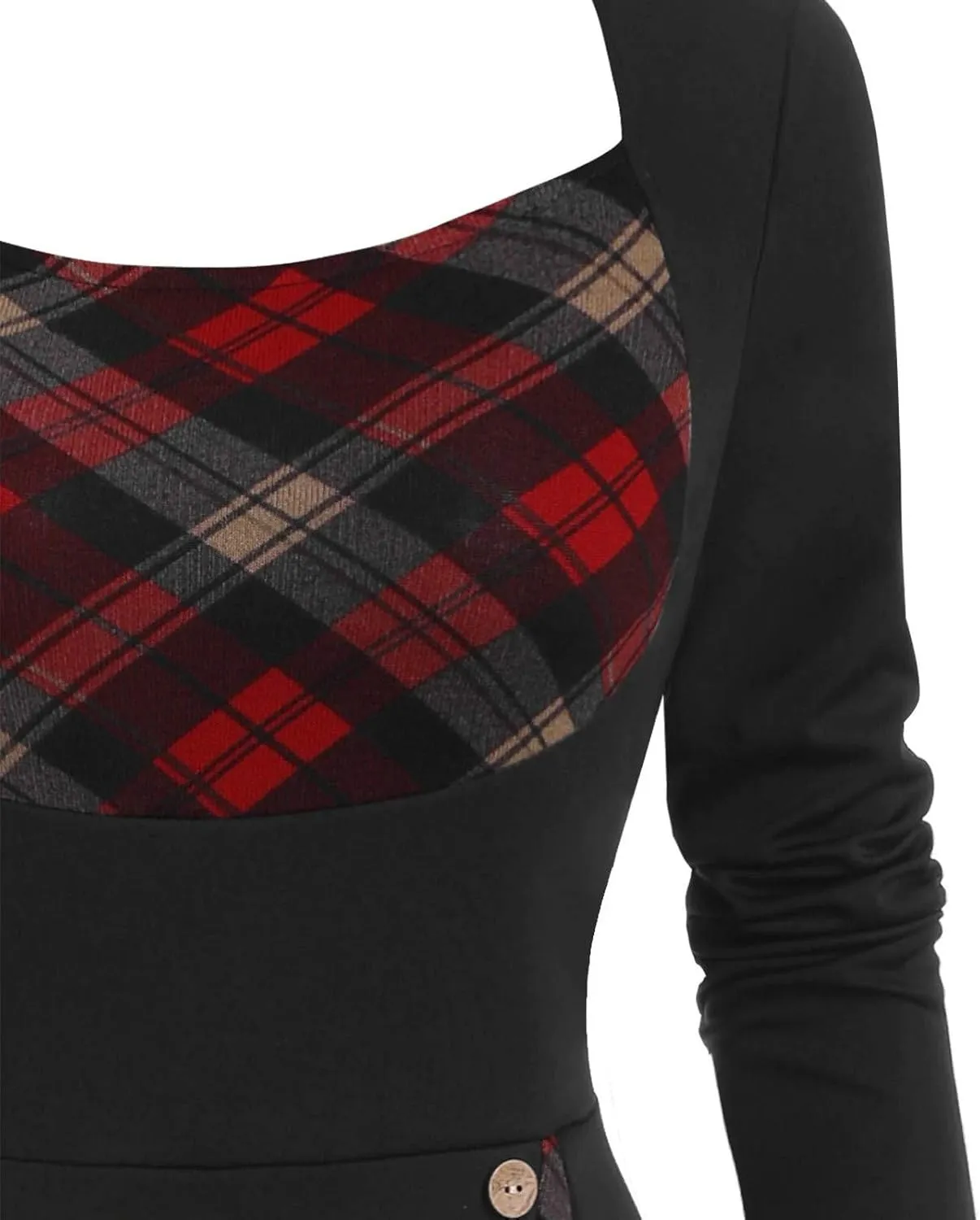 HGOOGY Graduation Dress for Women Retro Women Plus Size Plaid Insert Mock Button Long Sleeve Dress High Neck Midi