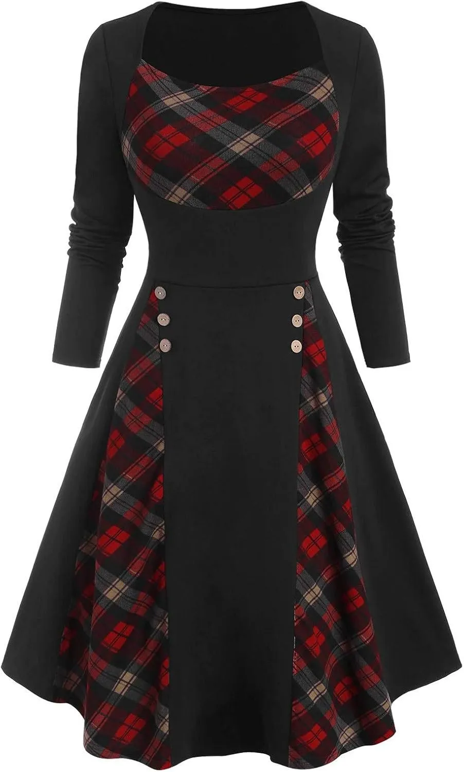 HGOOGY Graduation Dress for Women Retro Women Plus Size Plaid Insert Mock Button Long Sleeve Dress High Neck Midi