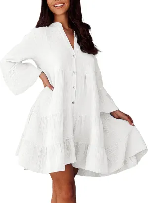 HGOOGY Womens Dresses Spring Casual Women's Long Sleeve Botton Ruffle Dresses Casual Loose Swing Mini Ruffle