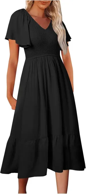 HGOOGY Womens Dresses Spring Vintage Women's Summer Casual Dresses Square Neck Short Sleeve Swing Plus Size Midi