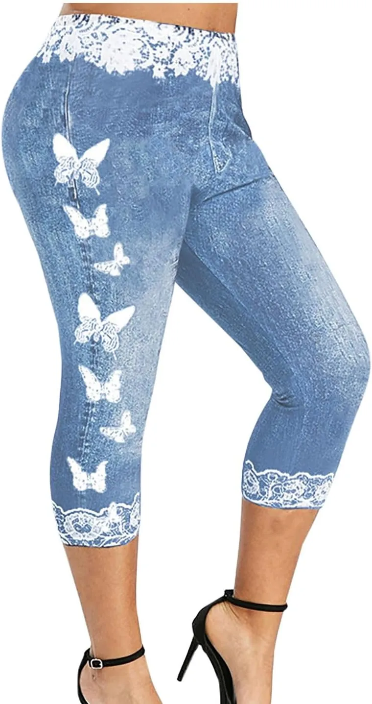 HGps8w Women Plus Size Jeans Jeggings Butterfly Lace Panel Bermuda Yoga Leggings High Waisted Stretch Capris Denim Pants