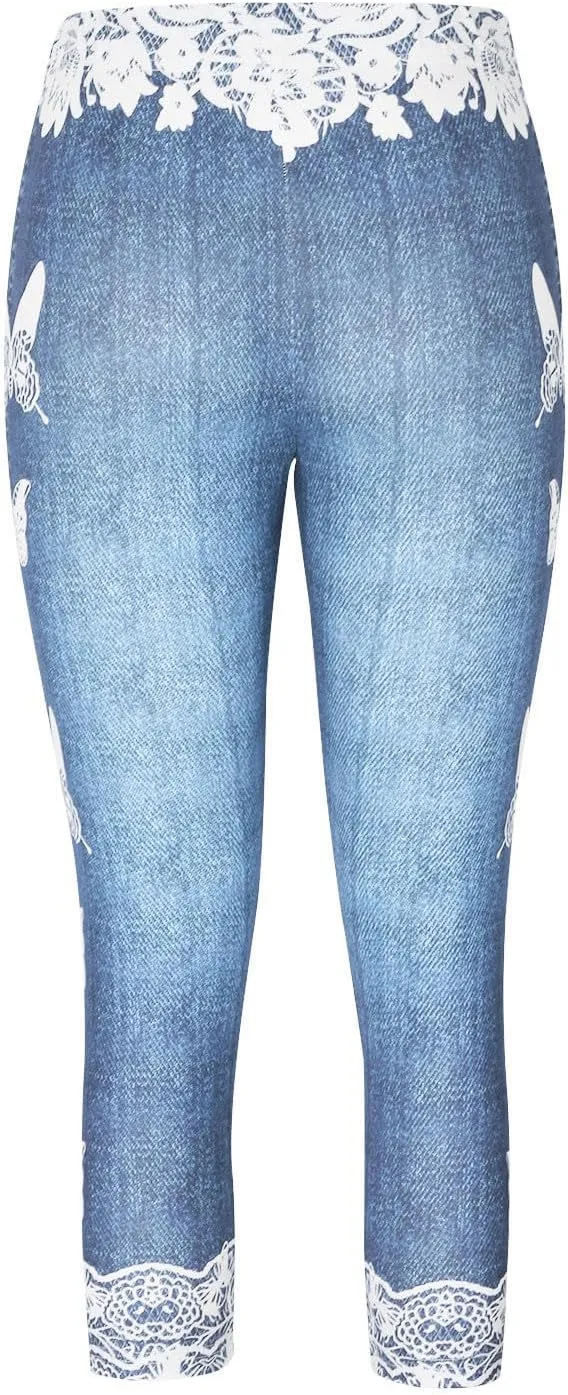 HGps8w Women Plus Size Jeans Jeggings Butterfly Lace Panel Bermuda Yoga Leggings High Waisted Stretch Capris Denim Pants