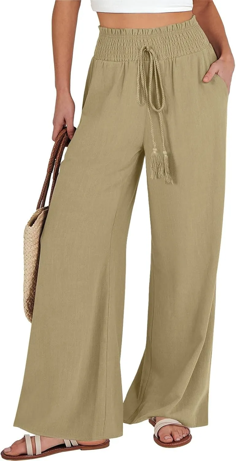 High Waisted Linen Pants Women Elastic Waist Drawstring Wide Leg Pants Summer Casual Baggy Pants Trousers with Pockets