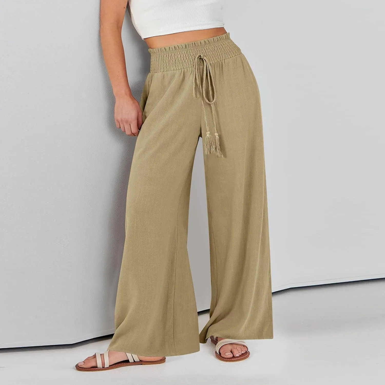 High Waisted Linen Pants Women Elastic Waist Drawstring Wide Leg Pants Summer Casual Baggy Pants Trousers with Pockets