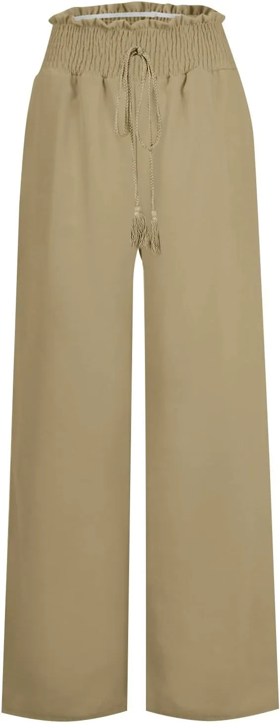 High Waisted Linen Pants Women Elastic Waist Drawstring Wide Leg Pants Summer Casual Baggy Pants Trousers with Pockets