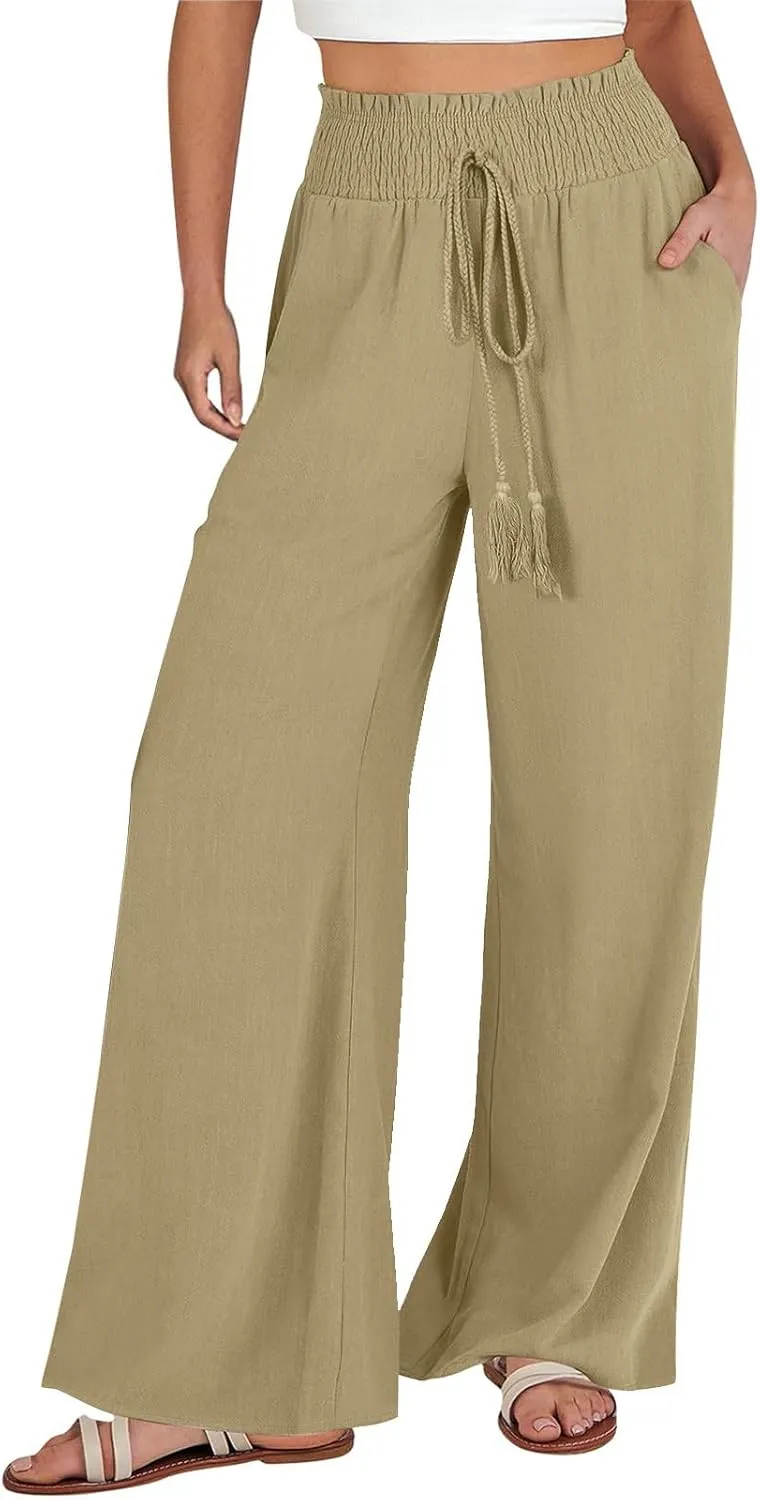 High Waisted Linen Pants Women Elastic Waist Drawstring Wide Leg Pants Summer Casual Baggy Pants Trousers with Pockets