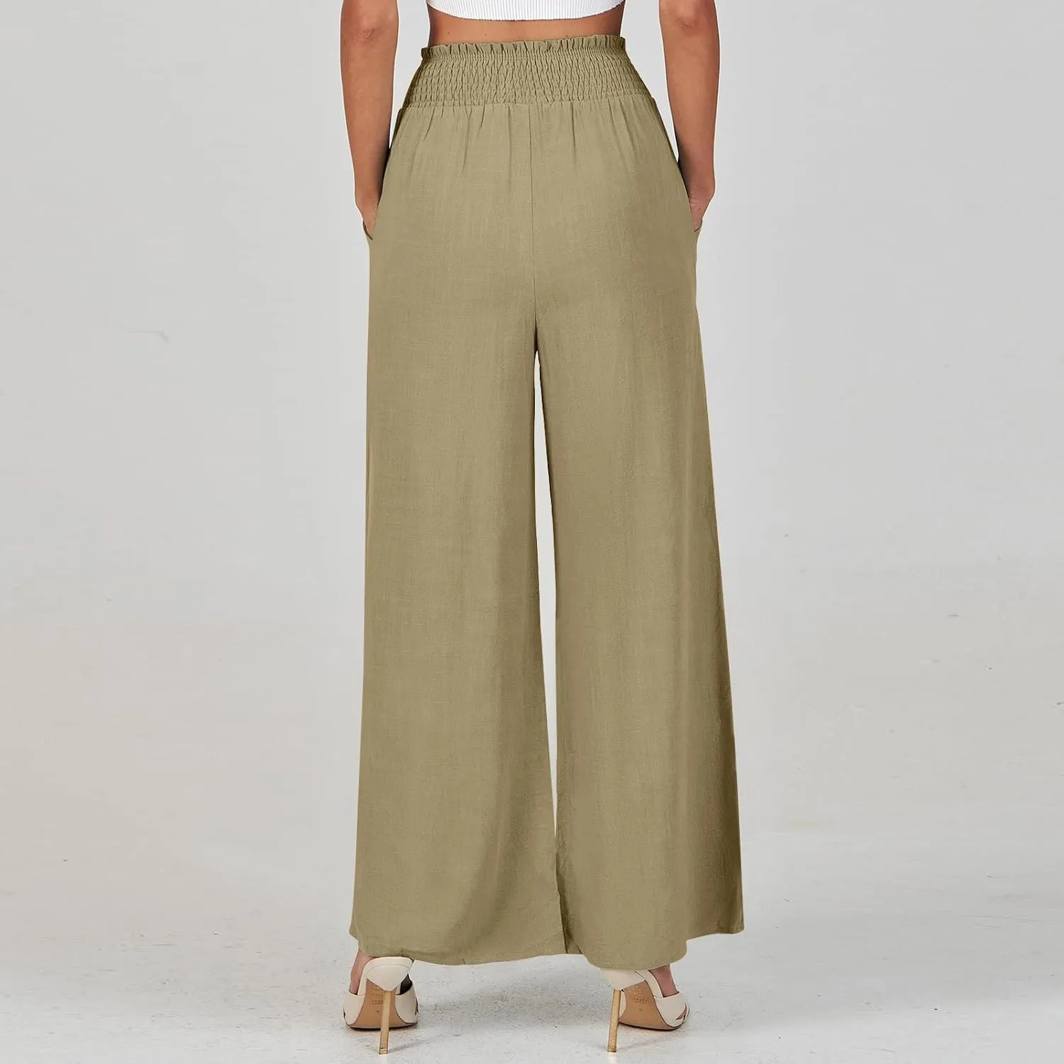 High Waisted Linen Pants Women Elastic Waist Drawstring Wide Leg Pants Summer Casual Baggy Pants Trousers with Pockets