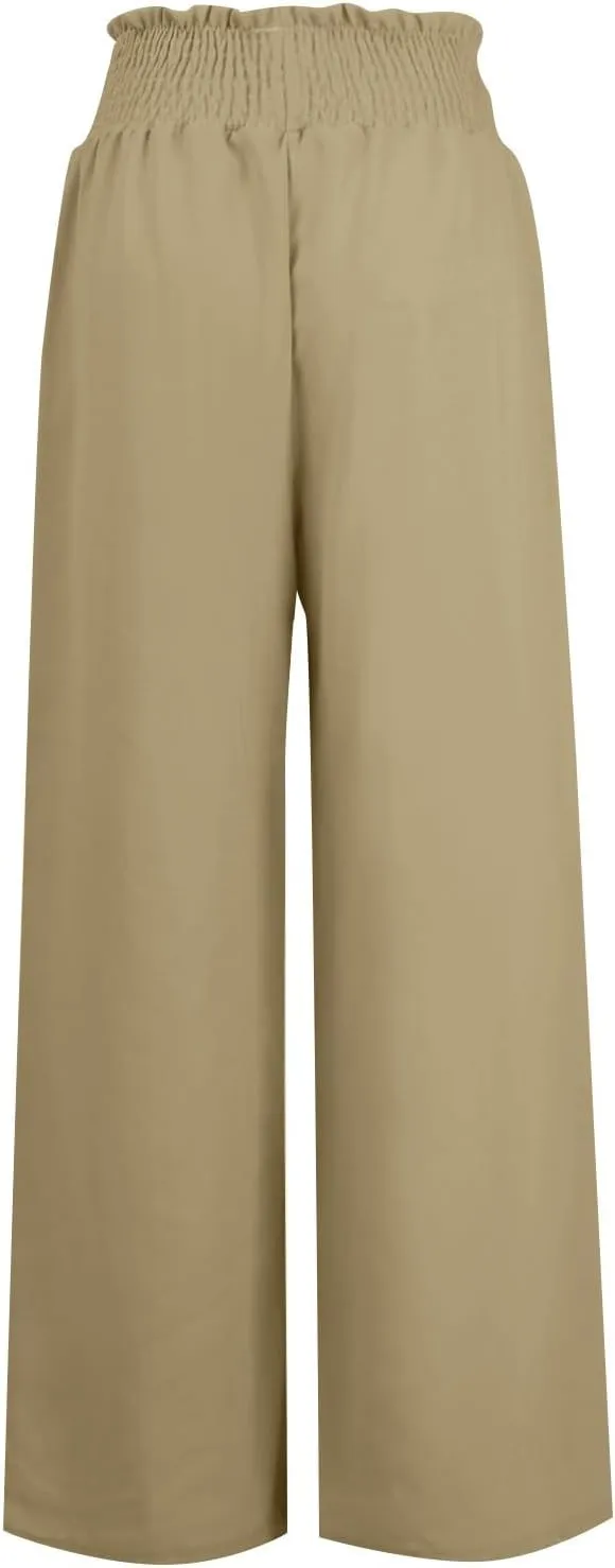 High Waisted Linen Pants Women Elastic Waist Drawstring Wide Leg Pants Summer Casual Baggy Pants Trousers with Pockets