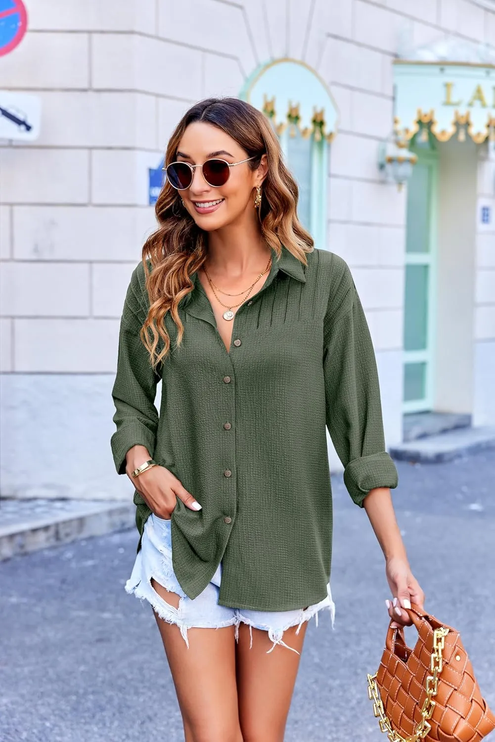 HOTOUCH Womens Long Sleeve Button Down Shirts Oversized Collared Drop Shoulder Work Tops Textured Loose Blouse S-XXXL