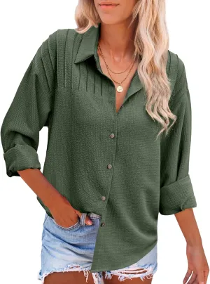 HOTOUCH Womens Long Sleeve Button Down Shirts Oversized Collared Drop Shoulder Work Tops Textured Loose Blouse S-XXXL