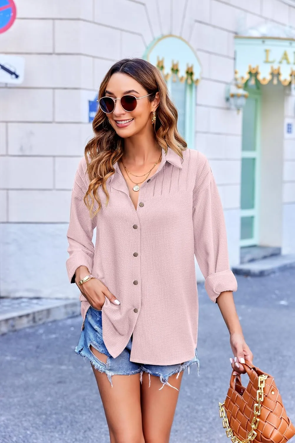 HOTOUCH Womens Long Sleeve Button Down Shirts Oversized Collared Drop Shoulder Work Tops Textured Loose Blouse S-XXXL