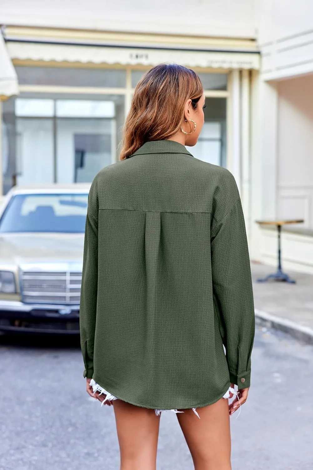 HOTOUCH Womens Long Sleeve Button Down Shirts Oversized Collared Drop Shoulder Work Tops Textured Loose Blouse S-XXXL