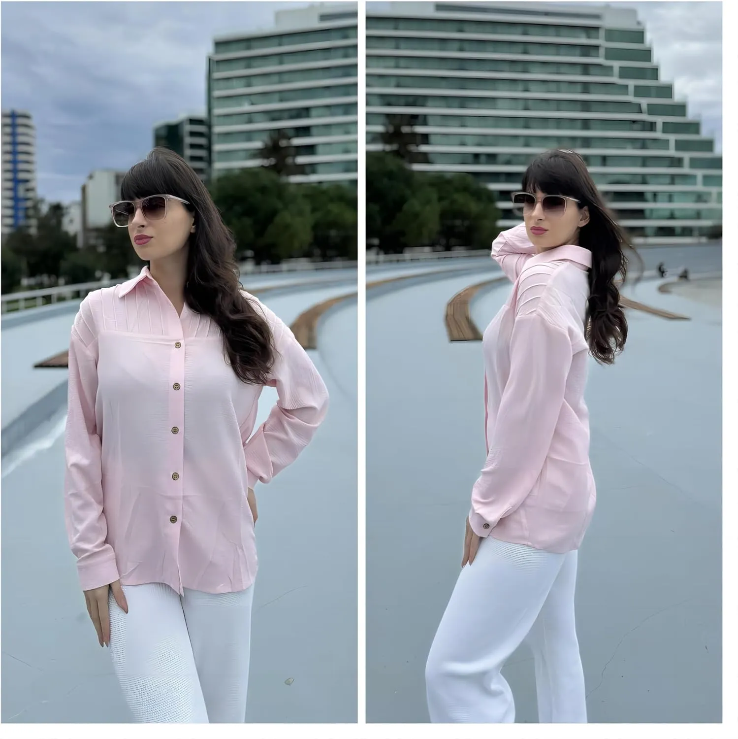HOTOUCH Womens Long Sleeve Button Down Shirts Oversized Collared Drop Shoulder Work Tops Textured Loose Blouse S-XXXL