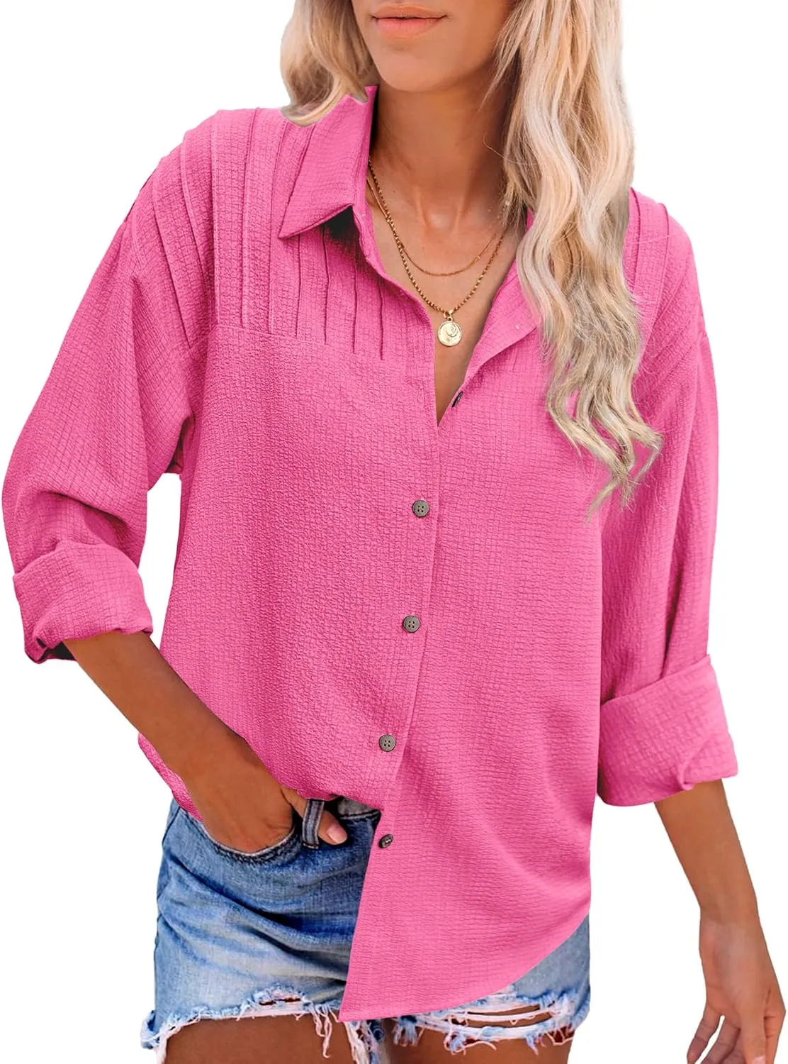 HOTOUCH Womens Long Sleeve Button Down Shirts Oversized Collared Drop Shoulder Work Tops Textured Loose Blouse S-XXXL