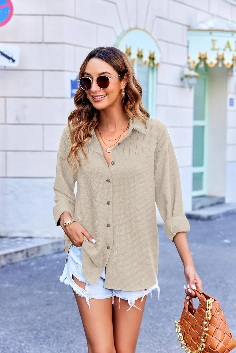 HOTOUCH Womens Long Sleeve Button Down Shirts Oversized Collared Drop Shoulder Work Tops Textured Loose Blouse S-XXXL