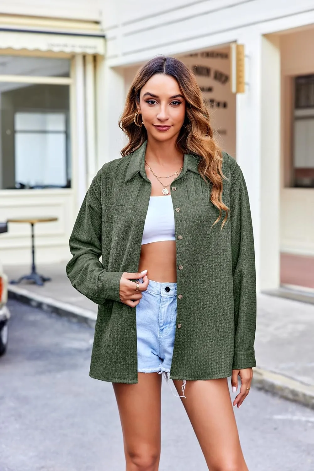 HOTOUCH Womens Long Sleeve Button Down Shirts Oversized Collared Drop Shoulder Work Tops Textured Loose Blouse S-XXXL