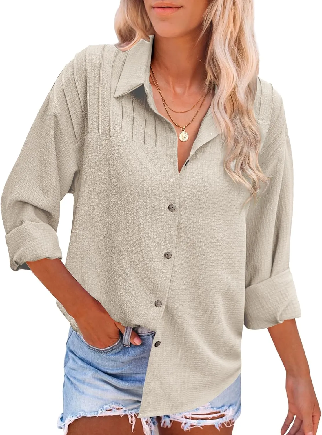 HOTOUCH Womens Long Sleeve Button Down Shirts Oversized Collared Drop Shoulder Work Tops Textured Loose Blouse S-XXXL