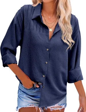 HOTOUCH Womens Long Sleeve Button Down Shirts Oversized Collared Drop Shoulder Work Tops Textured Loose Blouse S-XXXL