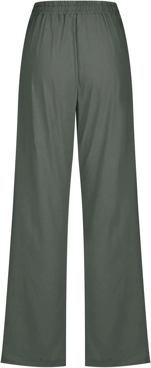 Hvyesh Women Cotton Linen Pants 2025 Summer Wide Leg Drawstring Elastic High Waisted Lounge Pants Casual Beach Trousers