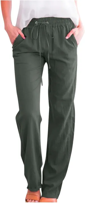 Hvyesh Women Cotton Linen Pants 2025 Summer Wide Leg Drawstring Elastic High Waisted Lounge Pants Casual Beach Trousers