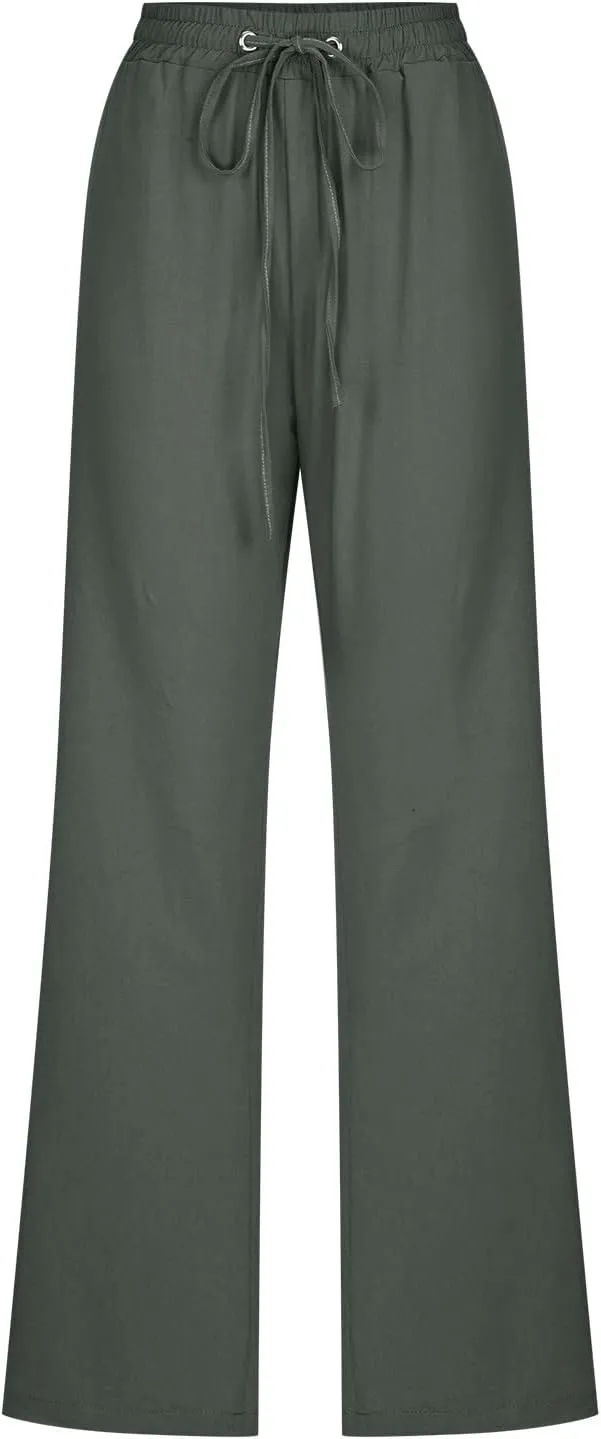 Hvyesh Women Cotton Linen Pants 2025 Summer Wide Leg Drawstring Elastic High Waisted Lounge Pants Casual Beach Trousers