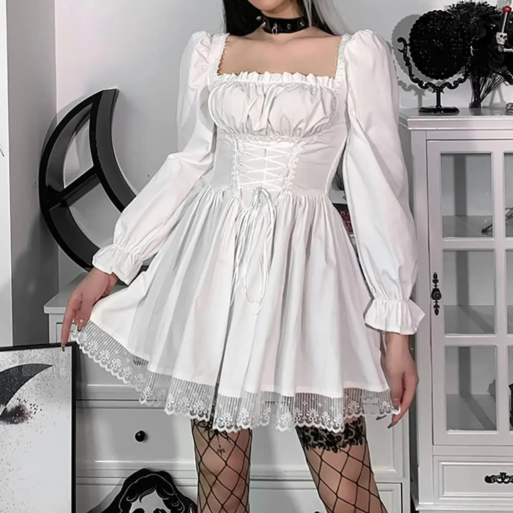 IKADEX Women Gothic Dress Vintage Lace Grunge Punk Goth Dresses Casual Cosplay Party Cocktail