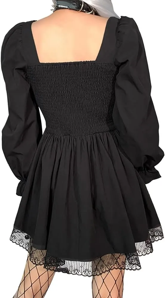 IKADEX Women Gothic Dress Vintage Lace Grunge Punk Goth Dresses Casual Cosplay Party Cocktail