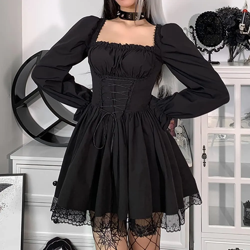 IKADEX Women Gothic Dress Vintage Lace Grunge Punk Goth Dresses Casual Cosplay Party Cocktail