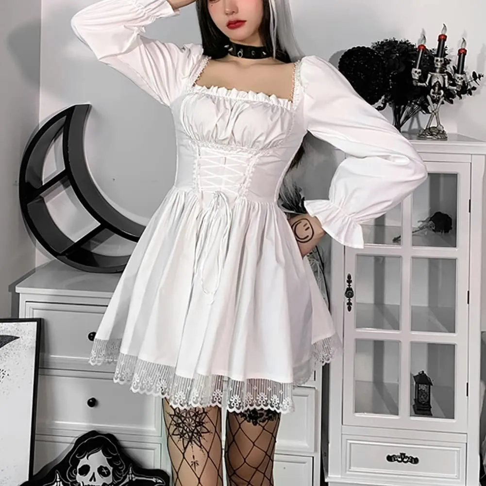 IKADEX Women Gothic Dress Vintage Lace Grunge Punk Goth Dresses Casual Cosplay Party Cocktail