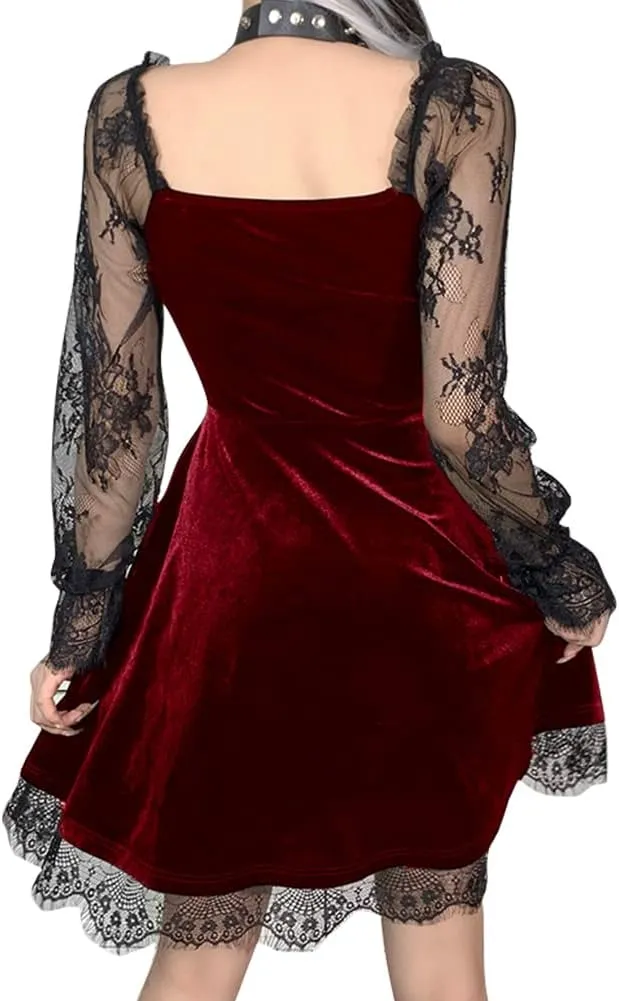 IKADEX Women Gothic Dress Vintage Lace Grunge Punk Goth Dresses Casual Cosplay Party Cocktail