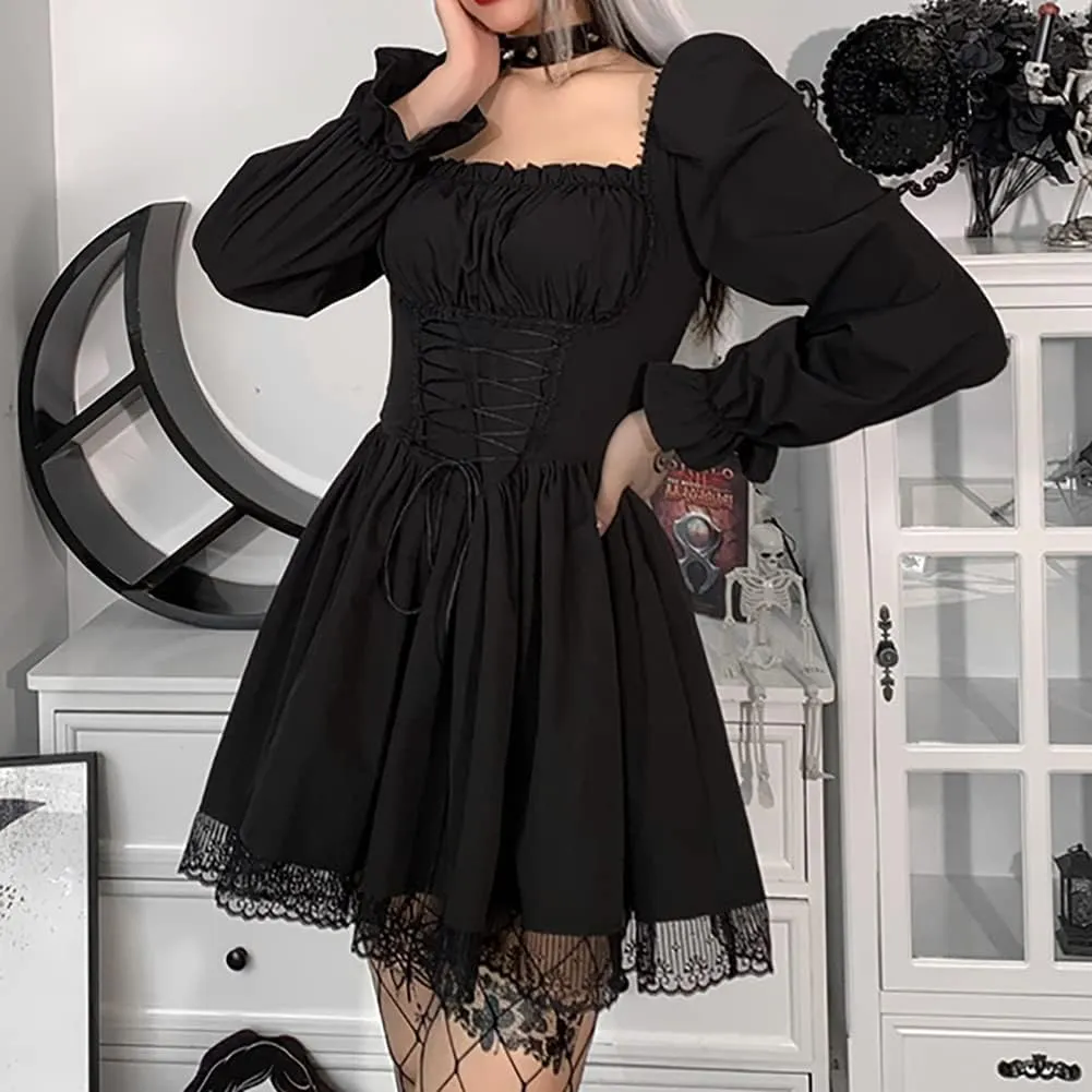 IKADEX Women Gothic Dress Vintage Lace Grunge Punk Goth Dresses Casual Cosplay Party Cocktail