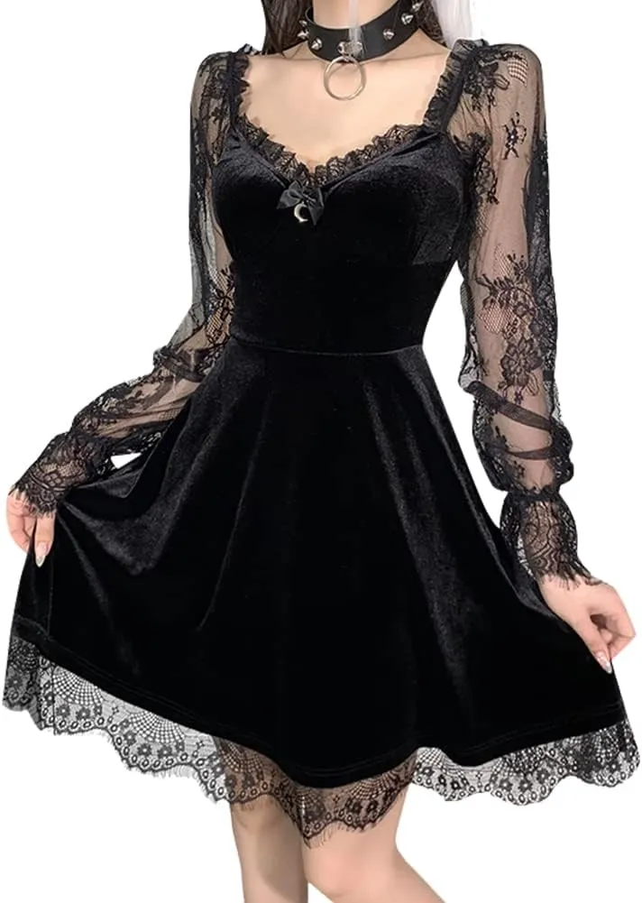 IKADEX Women Gothic Dress Vintage Lace Grunge Punk Goth Dresses Casual Cosplay Party Cocktail