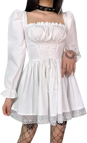 IKADEX Women Gothic Dress Vintage Lace Grunge Punk Goth Dresses Casual Cosplay Party Cocktail