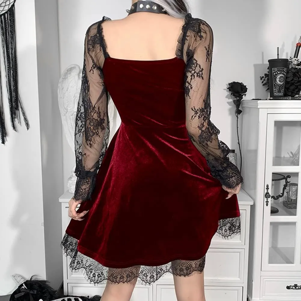 IKADEX Women Gothic Dress Vintage Lace Grunge Punk Goth Dresses Casual Cosplay Party Cocktail