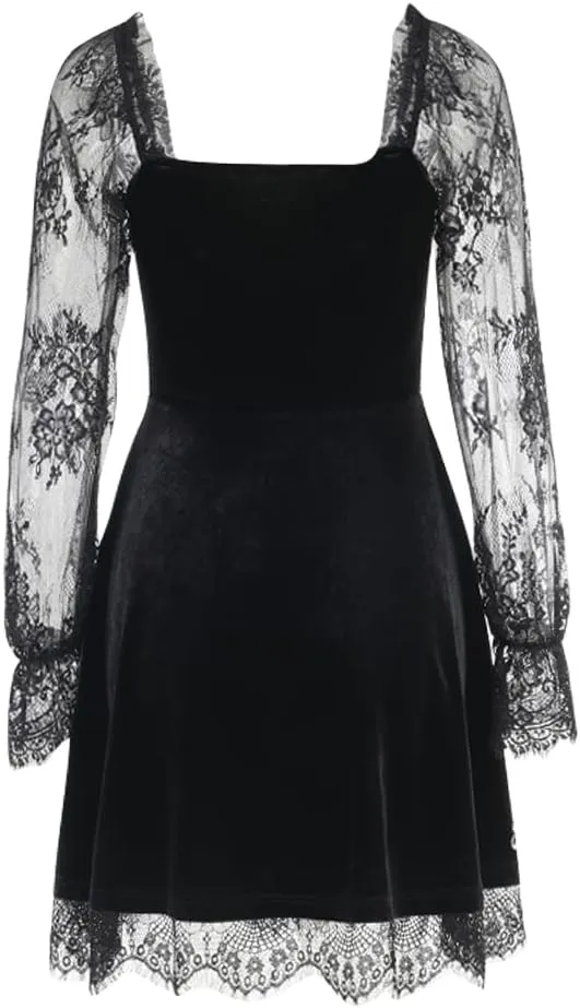 IKADEX Women Gothic Dress Vintage Lace Grunge Punk Goth Dresses Casual Cosplay Party Cocktail