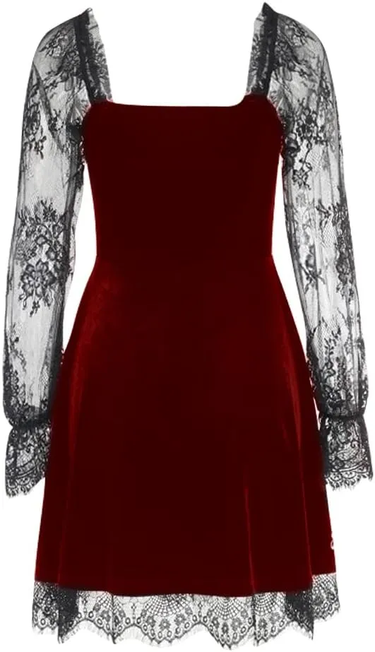 IKADEX Women Gothic Dress Vintage Lace Grunge Punk Goth Dresses Casual Cosplay Party Cocktail