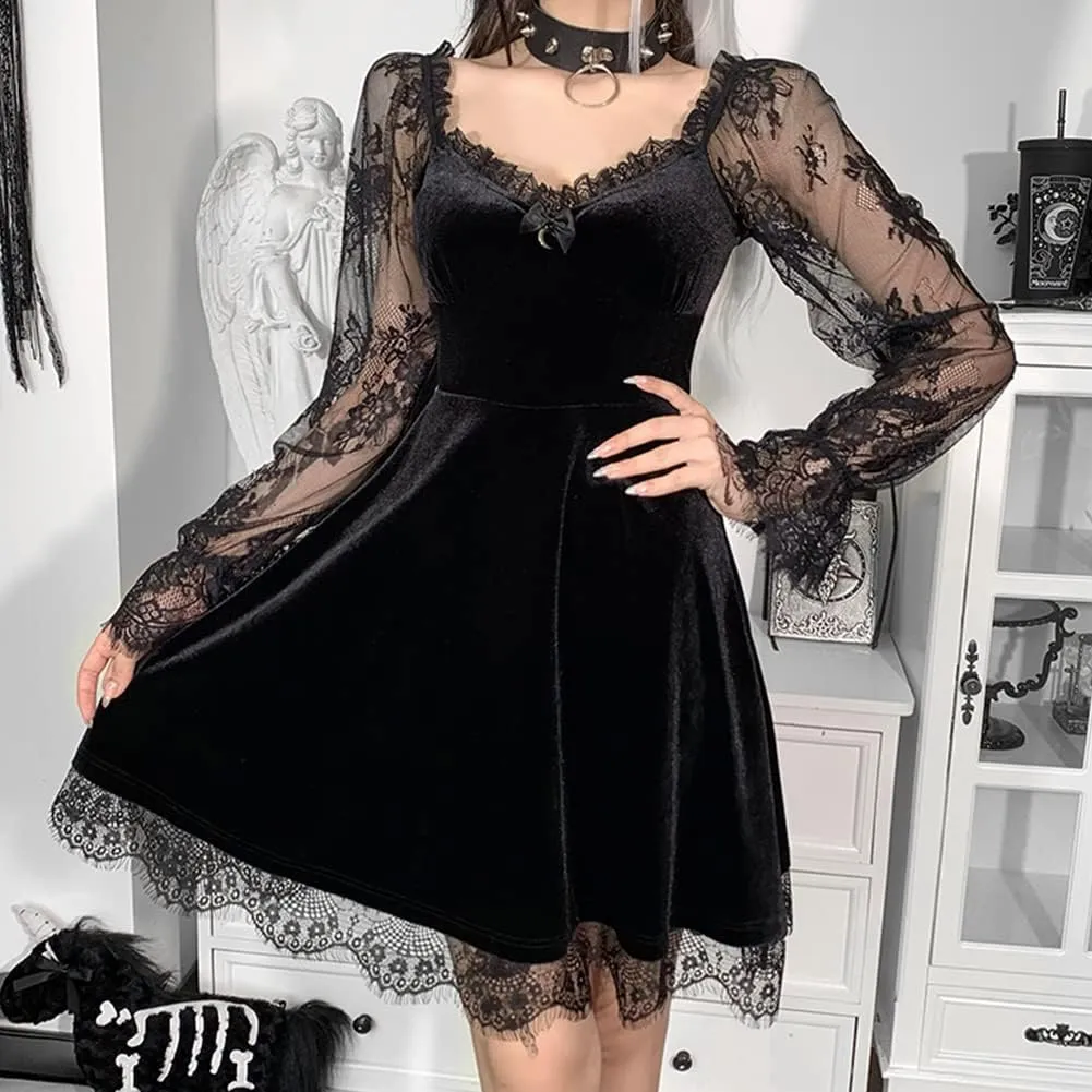 IKADEX Women Gothic Dress Vintage Lace Grunge Punk Goth Dresses Casual Cosplay Party Cocktail