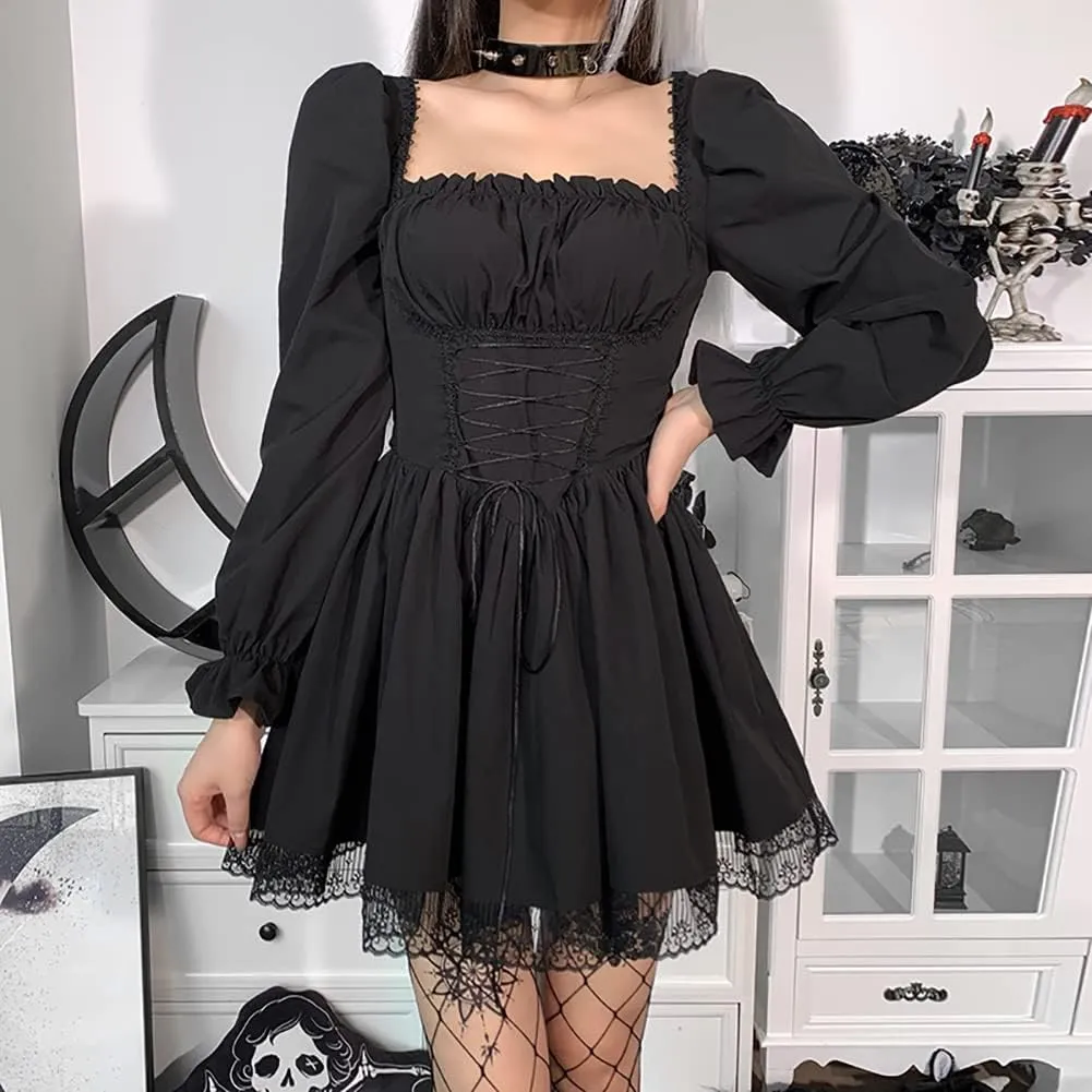 IKADEX Women Gothic Dress Vintage Lace Grunge Punk Goth Dresses Casual Cosplay Party Cocktail