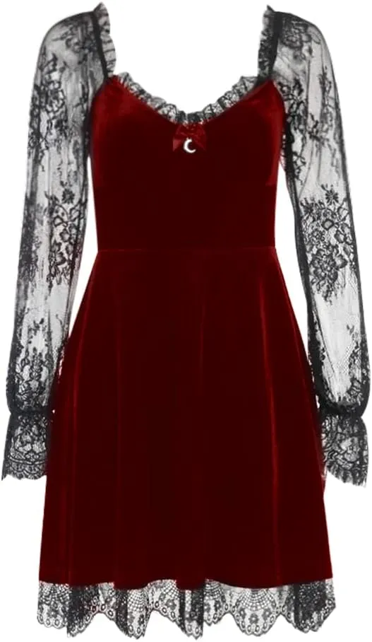 IKADEX Women Gothic Dress Vintage Lace Grunge Punk Goth Dresses Casual Cosplay Party Cocktail