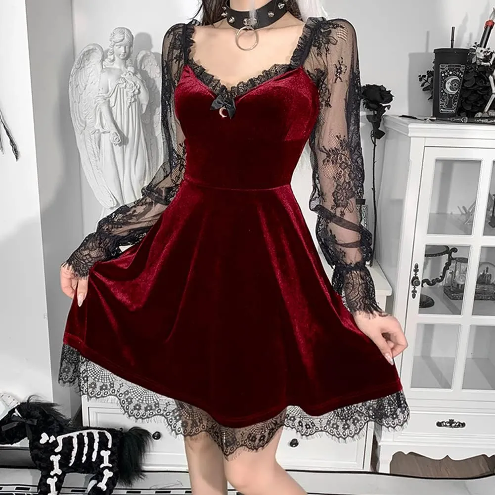IKADEX Women Gothic Dress Vintage Lace Grunge Punk Goth Dresses Casual Cosplay Party Cocktail
