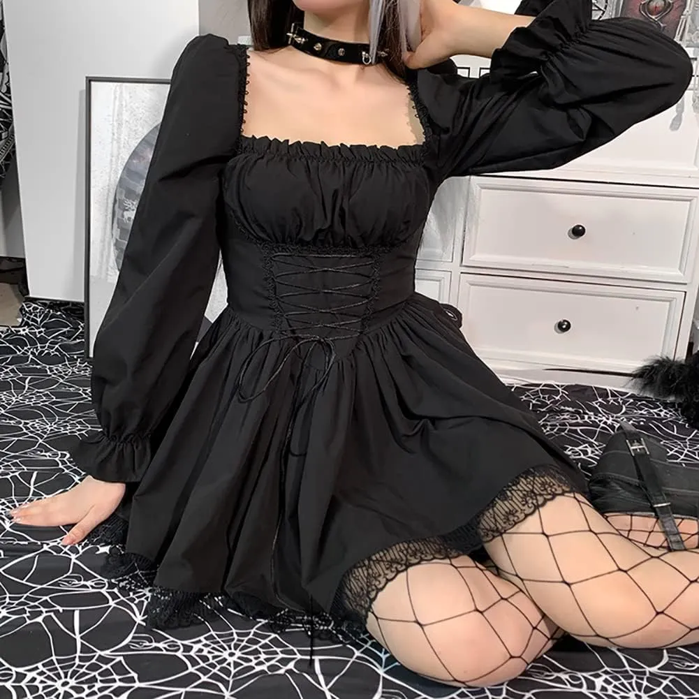 IKADEX Women Gothic Dress Vintage Lace Grunge Punk Goth Dresses Casual Cosplay Party Cocktail