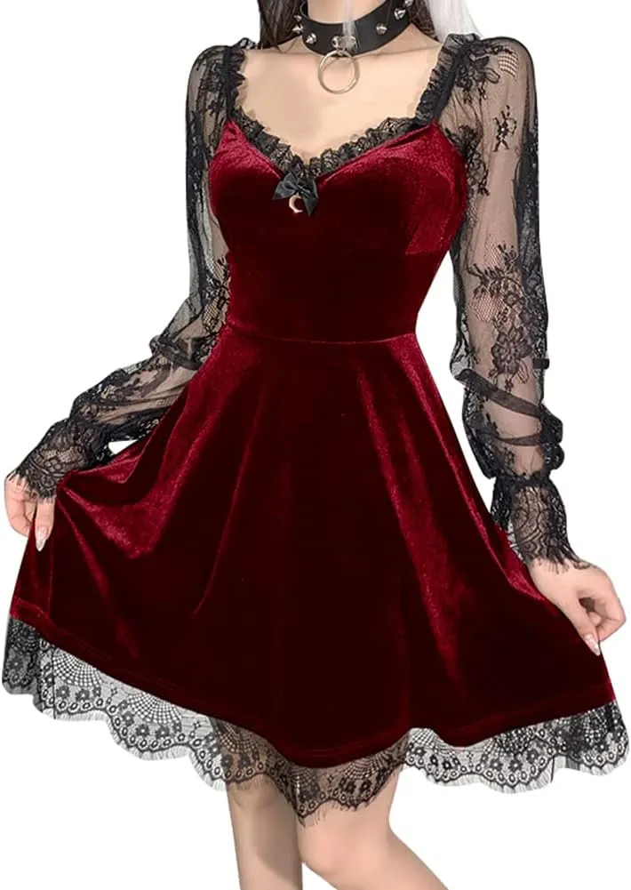 IKADEX Women Gothic Dress Vintage Lace Grunge Punk Goth Dresses Casual Cosplay Party Cocktail