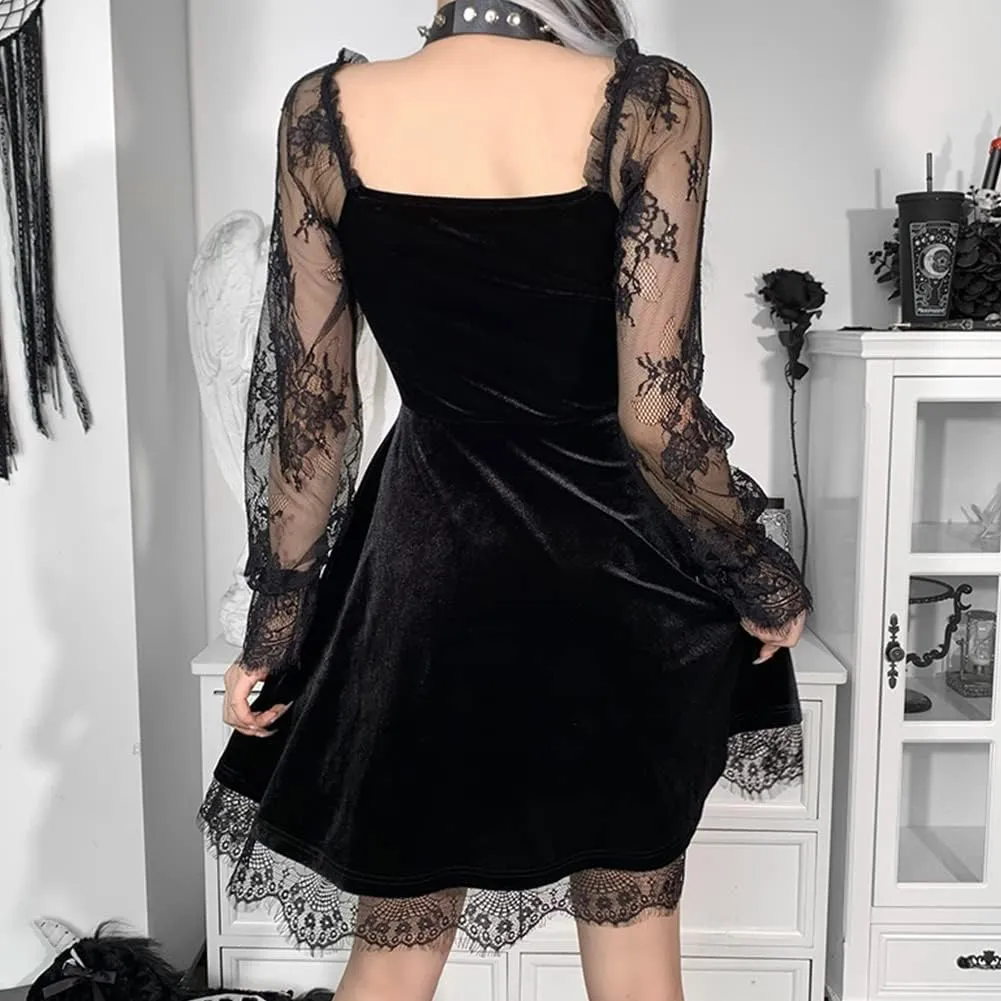 IKADEX Women Gothic Dress Vintage Lace Grunge Punk Goth Dresses Casual Cosplay Party Cocktail