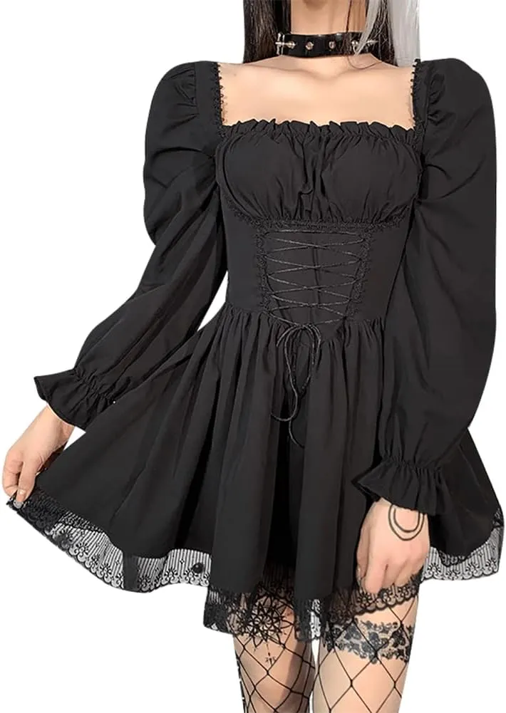 IKADEX Women Gothic Dress Vintage Lace Grunge Punk Goth Dresses Casual Cosplay Party Cocktail