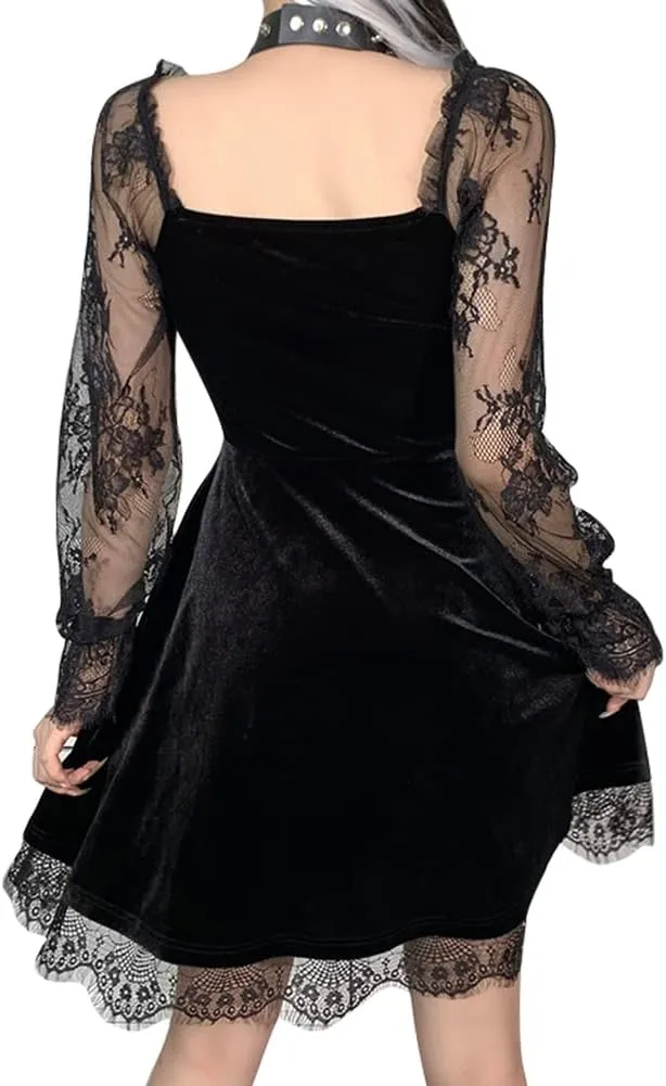 IKADEX Women Gothic Dress Vintage Lace Grunge Punk Goth Dresses Casual Cosplay Party Cocktail